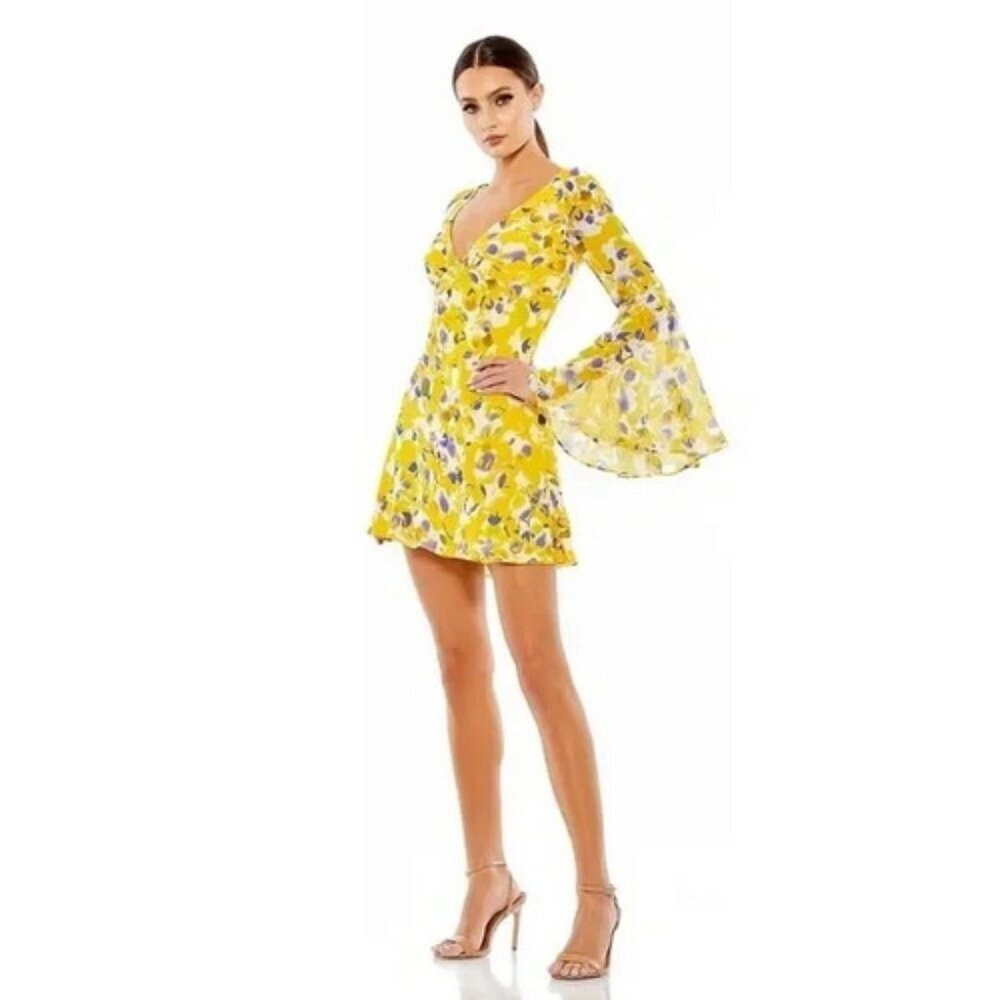 Ieena Mac Duggal Yellow Floral Bell Sleeve Mini Dress